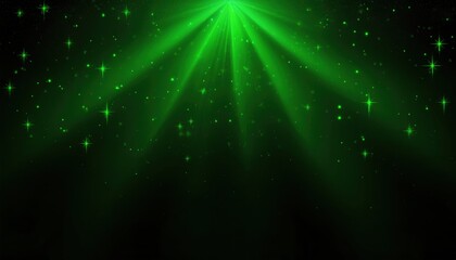 Wall Mural - green cosmic light beams with sparkling stars and glowing particles in dark atmosphere, perfect for backgrounds, banners, or editorial illustrations