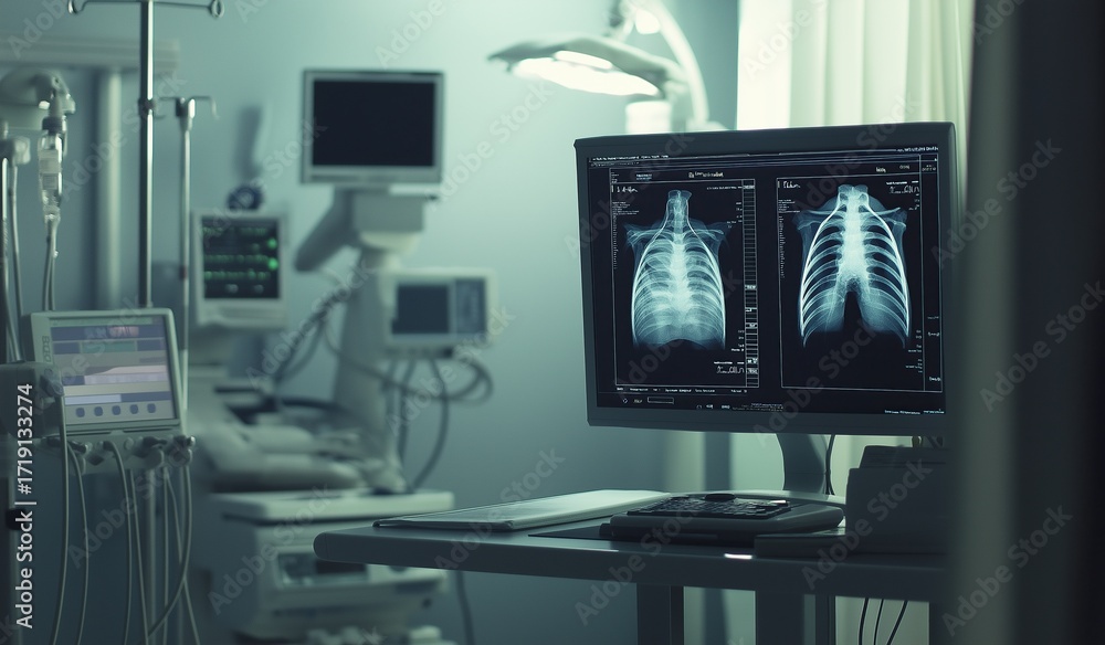 Computer monitor displaying chest x-ray images in emergency room ...