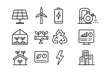 © Руслан Мельніков - Renewable Farm Icons. Outline icon set of Renewable-powered farms: solar panel, wind turbine, battery storage,
