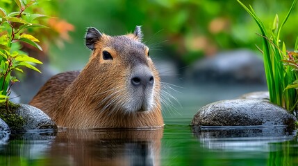 Wall Mural - capybara looking around while swimming in water