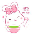 © frenta - Kawaii bunny with matcha tea cup. Cute little rabbit and bowl of japanese green matcha tea. Inscription I love you so matcha. Vector illustration EPS8