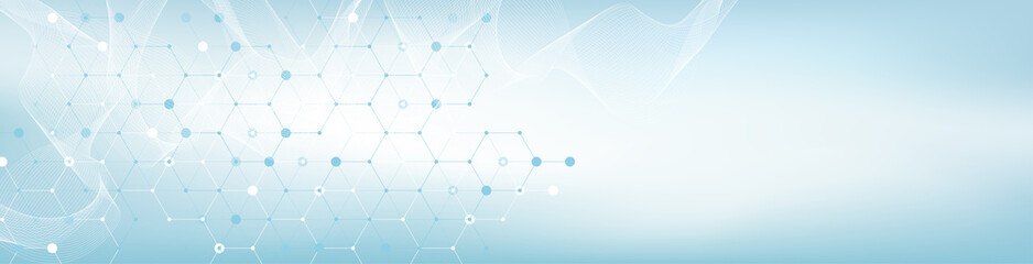 Wall Mural - Modern health care or medical background design. Health care innovation concept. Horizontal header web banner. Abstract geometric background with hexagon shapes for medicine, science, chemistry.