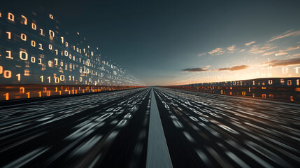 Digital data stream on highway at sunset with binary code overlay and motion blur