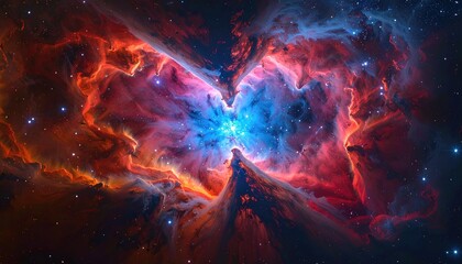 Ethereal cosmic cloud of vibrant reds, oranges, and blues in the darkness of space, resembling wings and nebula formations with a bright center