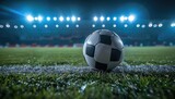 A soccer ball sits on the edge of a field at night, under bright stadium lights. The focus is on the ball, with the stadium blurred in the background