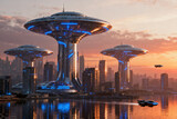 Futuristic cityscape with flying saucer-shaped buildings and hovercraft at sunset