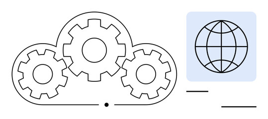 Integrated gears within a cloud icon illustrating collaboration and technology, paired with a global network grid. Ideal for cloud services, innovation, data management, globalization, teamwork