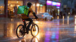 © M - Bicycle delivery person riding through rain-soaked street at night with vibrant reflections from city lights and storefronts