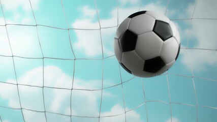 Super Slow Motion Soccer Ball Hitting Goal Net with Blue Sky Background 1000fps.