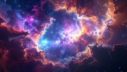 Wall Mural - A bright blue fractal supernova blazes in the dark night sky, illuminating the cosmos with a fiery, starlit dust cloud