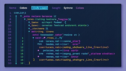 Colorful code lines showcasing syntax highlighting with various programming elements and structures displayed on a digital screen
