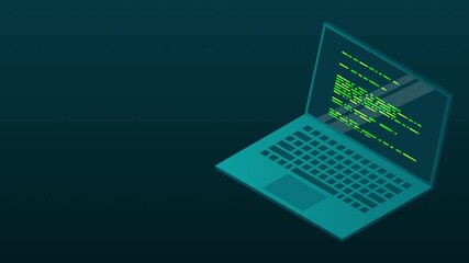 Isometric laptop animation. 3d isometric laptop computer. Abstract programming language and program code on a laptop screen. Isometric technology. 4K video animated in isometric style