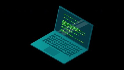 Isometric laptop animation. 3d isometric laptop computer. Abstract programming language and program code on a laptop screen. Isometric technology. Transparent background with alpha channel
