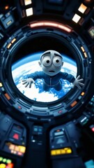 Wall Mural - Cartoon astronaut floats in space looking out a spaceship window at Earth