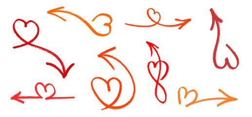 Wall Mural - Heart Shapes in Arrows Crayon Chalk Drawing Doodle Vector Set