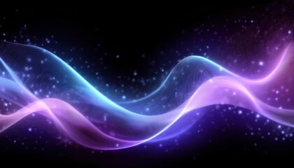 Wall Mural - glowing blue and violet light wave with sparkling particles on dark background for futuristic wallpaper or elegant banner design