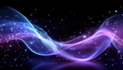 Wall Mural - glowing blue and violet light wave with sparkling particles on dark background for futuristic wallpaper or elegant banner design