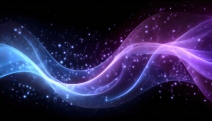 Wall Mural - glowing blue and violet light wave with sparkling particles on dark background for futuristic wallpaper or elegant banner design