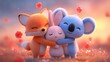 © Cariszzzz - Whimsical Embrace: A charming illustration depicts three adorable animated creatures-- a fox, a bunny, and a koala-- in a loving hug. The scene is tender and heartwarming.