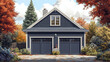 © KeJayStudio - Grey house with two garage doors surrounded by colorful autumn trees and plants under partly cloudy sky, creating peaceful and inviting suburban scene
