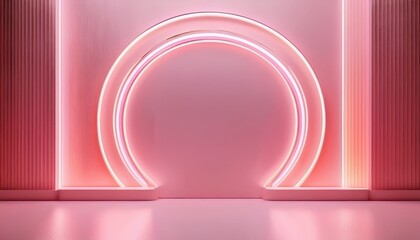 Wall Mural - pink neon circle glowing on geometric stage with futuristic symmetry and vibrant gradient light for banner background or modern wallpaper