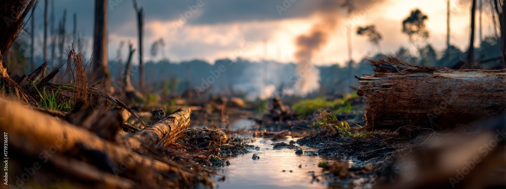 Devastated forest with fallen trees and polluted river, warm light ...
