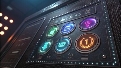 Holographic interface panel showing various functional icons in a futuristic setting with vibrant colors and interactive design