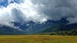 © mbejo - A vast, grassy plain stretches before a range of misty mountains, blanketed in lush green forests under a dramatic sky full of towering clouds.