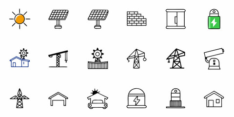 Sustainable energy and construction icons representing solar power, building, and eco-friendly designs for environmental projects and innovative solutions