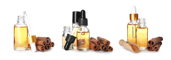 Wall Mural - Cinnamon oil, sticks and powder isolated on white, set