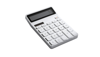 A sleek, white, handheld calculator with a dark gray display, angled slightly, showcasing its buttons and numerical layout