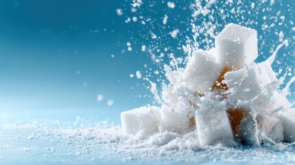 An action shot of sugar cubes exploding into clouds of granulated sugar, showcasing the fun, playfulness, and creativity in culinary photography and food art.