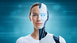 © LiezDesigns - portrait of a split face half happy human, half humanoid robot. - Tech-humanity concept.