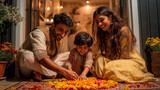 Happy diwali family celebration making rangoli flower decoration traditional