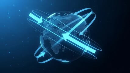 Global digital network connections and data transfer visualization in cyberspace.