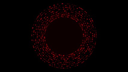 Wall Mural - A dense ring of glowing red particles and data points swirls on isolated black background. Abstract seamless loop for science, technology, or data flow visuals. Central copy space