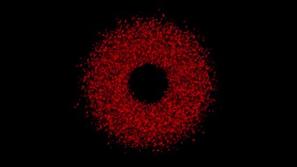 Wall Mural - Dense ring of glowing red particles with subtle, slow swirling motion on black background. Abstract visual for space, science, or energy concepts. Seamless loop with copy space in center