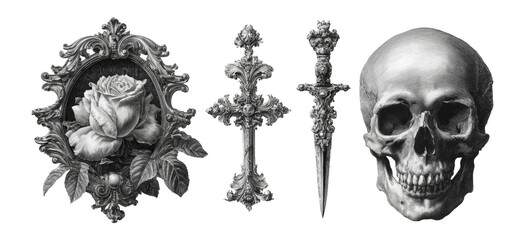 Detailed Antique Elements Featuring Skull, Rose, Cross, and Ornate Frame Design