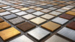 © Silaya Elena - a collection of square metal plates in various colors and finishes, arranged in a grid pattern. The materials appear to include different types of metal such as aluminum, brass, and stainless steel,