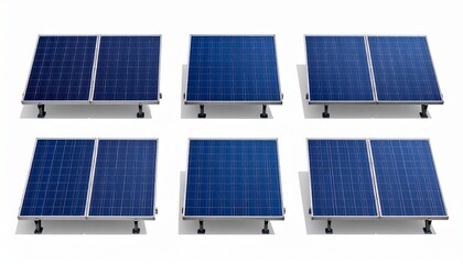 Six blue solar panel arrays mounted on angled metal stands, arranged in two rows for optimized sunlight absorption.