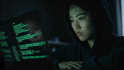 Person intently focusing on a computer screen displaying lines of green code in a dark room.