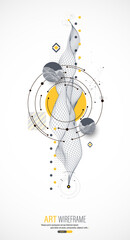 Wall Mural - Minimal abstract composition with wireframe mountains, dots, and lines.