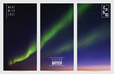 Sticker - Northern lights. Green aurora borealis. Abstract vector banner set