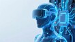 © YLAJULIUS - 光沢のある青いヒューマノイドの頭部とVRヘッドセットと回路基板