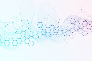 Wall Mural - modern science background with lines, dots and hexagons. wave flow abstract background. molecular st