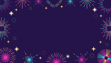 Line fireworks background. Celebration bright festive decoration with firecrackers, happy birthday party greeting banner design. Vector illustration