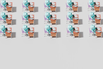 3d robot working at office desk with computer in repeating pattern
