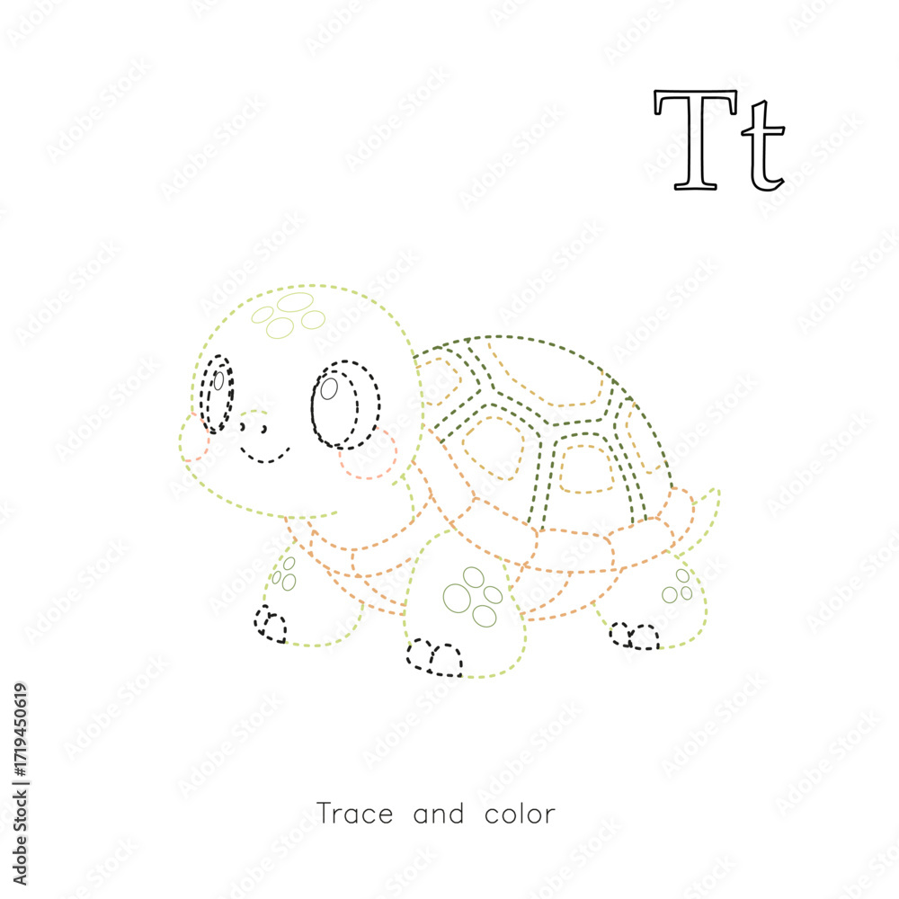 Vector de Stock Cute turtle trace and color worksheet for kids with ...