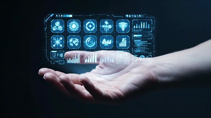 Hand Holding Futuristic Digital Grid, Technology Concept, Dark Background.
