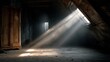 © EUT - Creepy, dusty attic with light rays shining through the window. It is perfect for eerie backgrounds or haunted house concepts.
